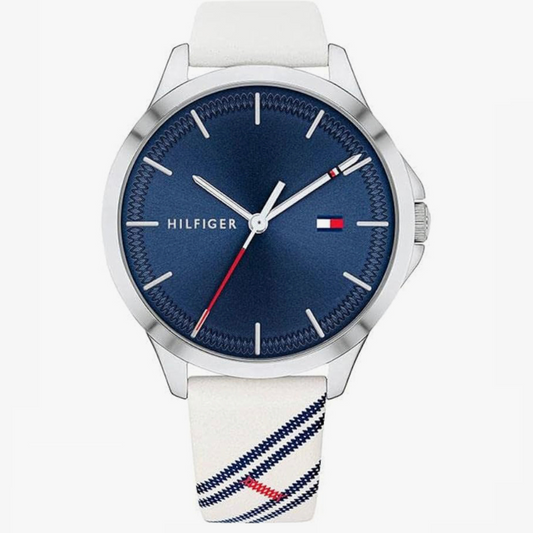 Tommy Hilfiger Sporty Watch with Index Design on White Leather Strap