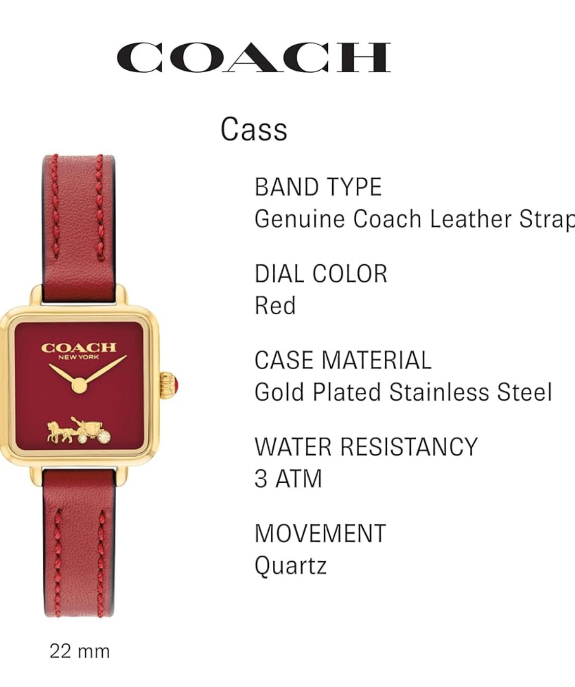 Coach Cass Classic Leather Square Watch