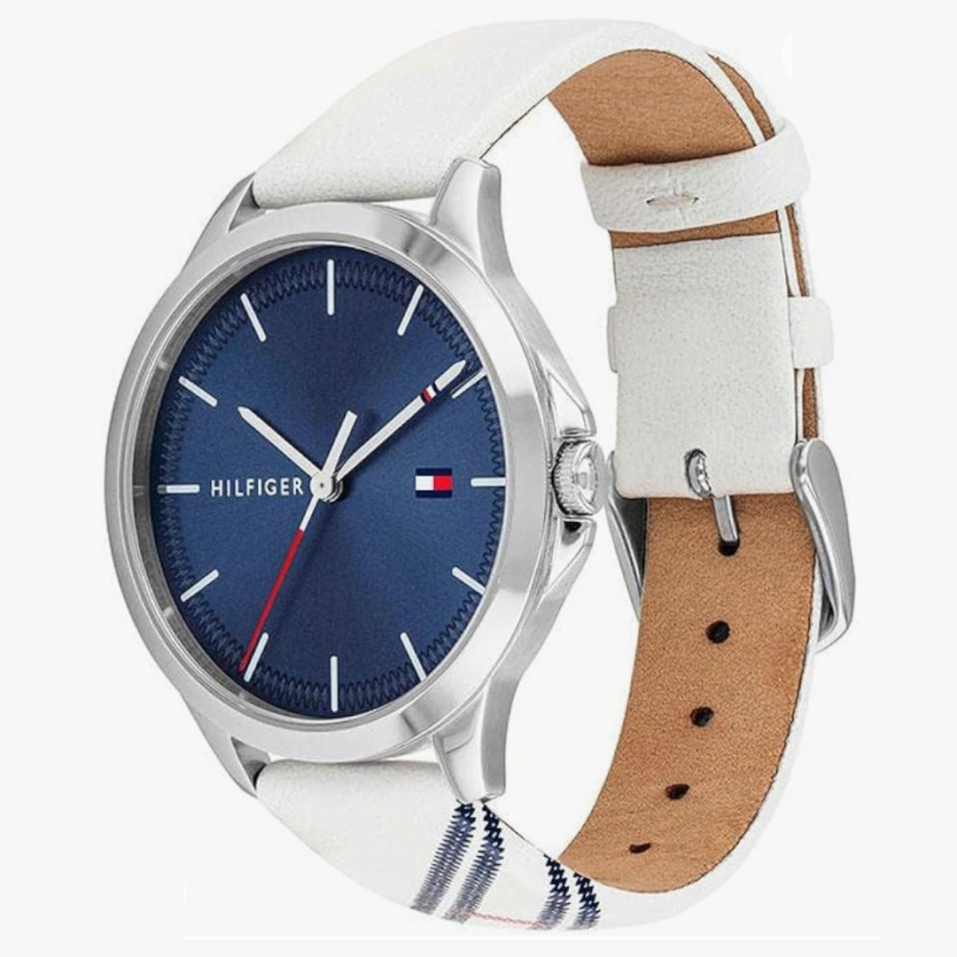 Tommy Hilfiger Sporty Watch with Index Design on White Leather Strap