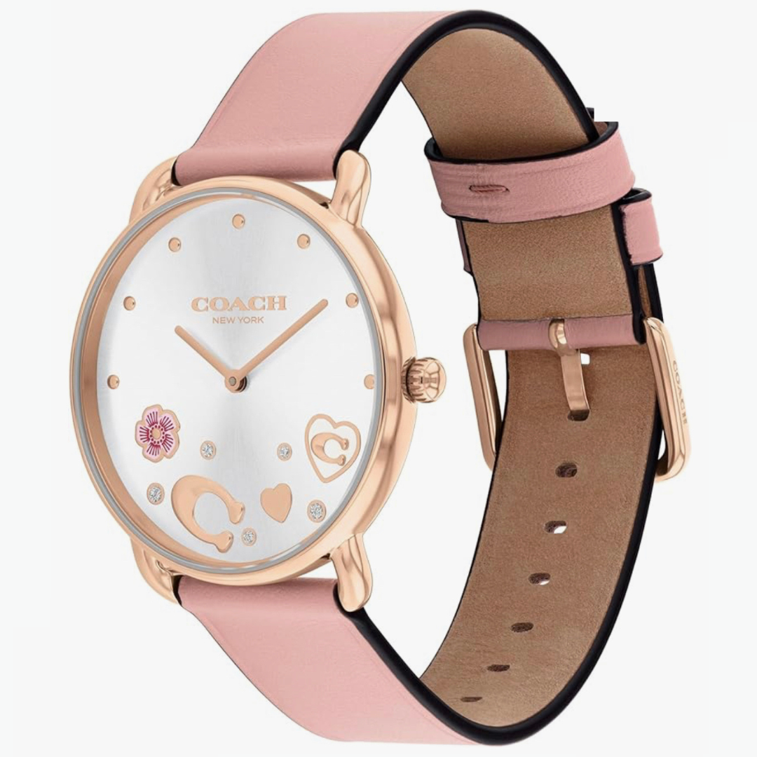 Coach Rose Gold Tone Watch With Fashionable Charms in The Dial and a Light Pink Leather Strap