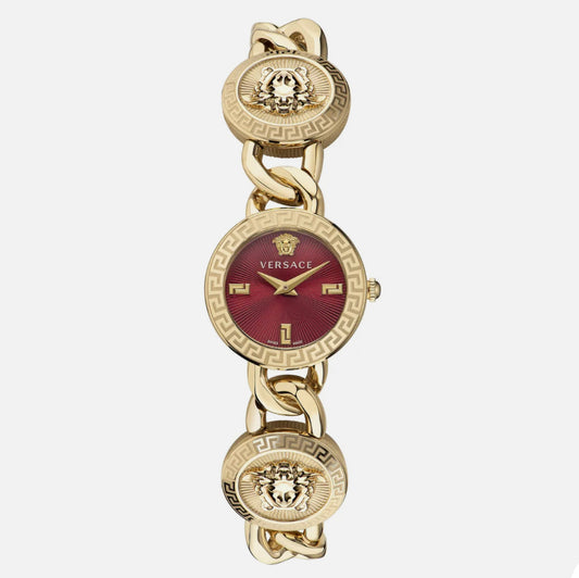 Versace Stud Icon Watch Gold Tone Bracelet and Case + Red Dial