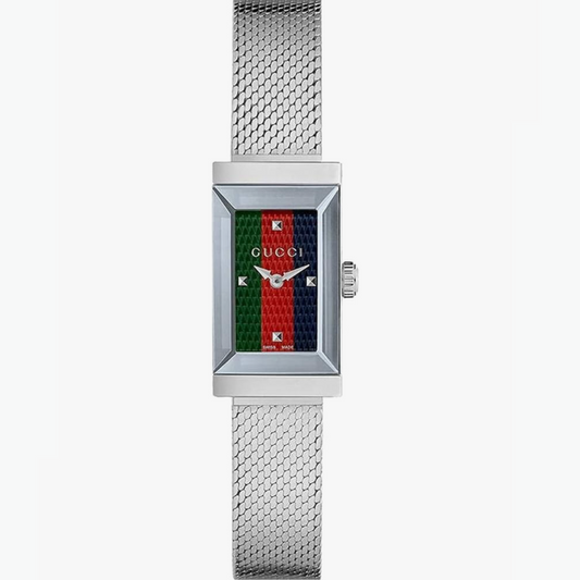 Gucci Stainless Steal Watch with Signature Gucci Green, Red and Blue Dial