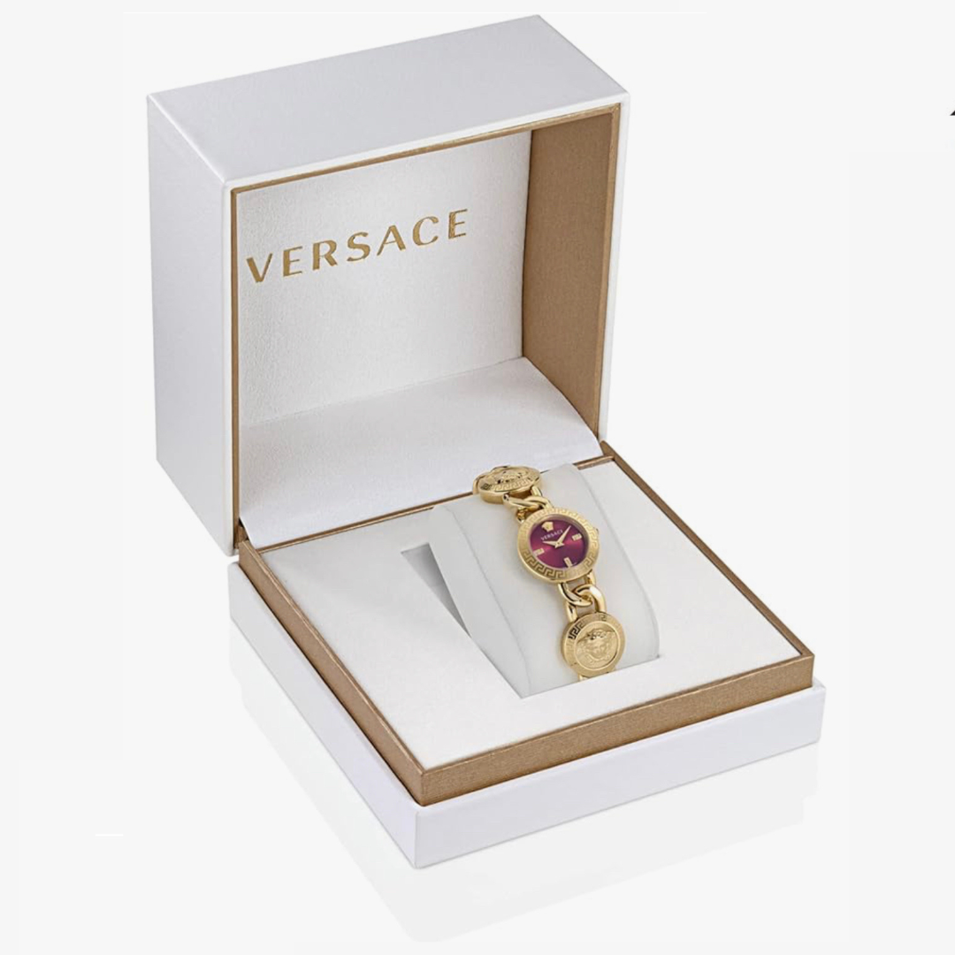 Versace Stud Icon Watch Gold Tone Bracelet and Case + Red Dial