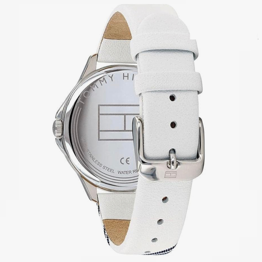 Tommy Hilfiger Sporty Watch with Index Design on White Leather Strap